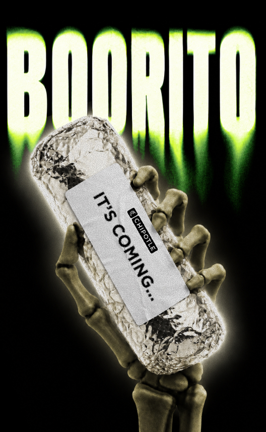 A spooky skeleton hand holds up a Chipotle Boorito with a label that says "IT'S COMING..."